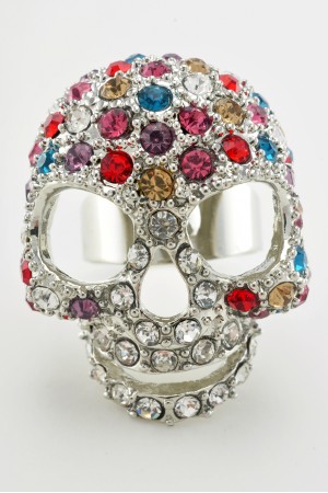 Silver Tone Colourful Full Rhinestone Skull Ring